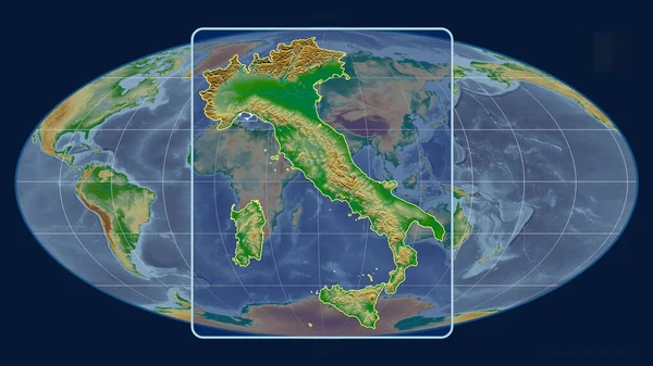 Zoomed-in view of Italy outline with perspective lines against a global map in the Mollweide projection. Shape centered. color physical map