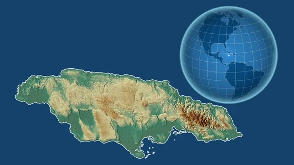 Ямайка Глобус Формой Страны Фоне Увеличенной Карты Контуром Выделенным Синем — стоковое фото