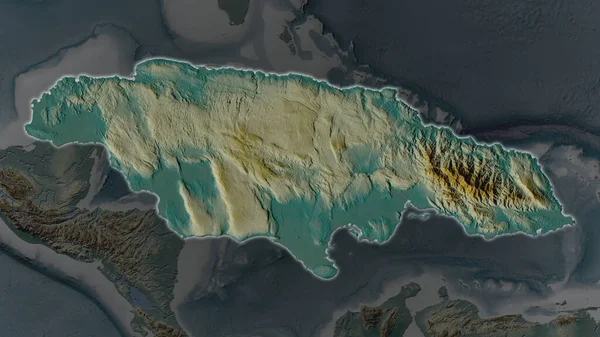 Área Jamaica Agrandó Brilló Sobre Fondo Oscuro Sus Alrededores Mapa —  Fotos de Stock