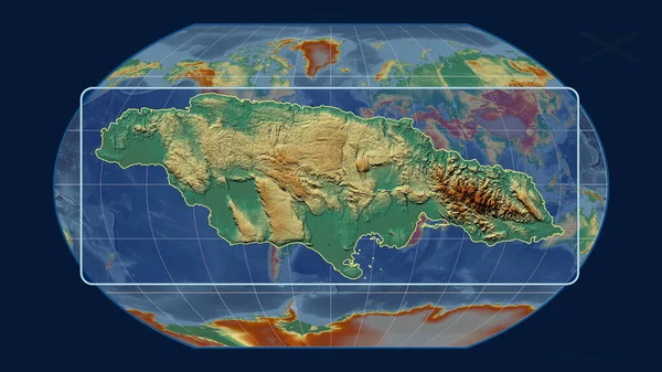 Přiblížený Pohled Jamajku Perspektivními Liniemi Proti Globální Mapě Projekci Kavrayskiy — Stock fotografie