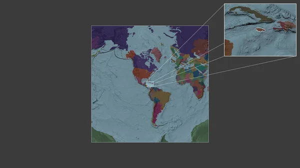 从世界大比例尺地图中提取出的牙买加扩大和扩大的地区 其主要线连接了框架的各个角落 行政区划的彩色地图 — 图库照片