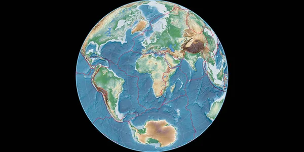 Mapa Świata Projekcji Jamesa Azimuthala Skupiona Wschodniej Długości Geograficznej Kolorowy — Zdjęcie stockowe