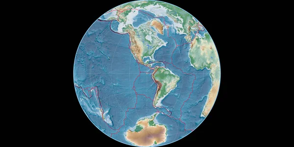 西の経度90度を中心としたジェームズ アジスマタール プロジェクションの世界地図 色シェーダー 標高マップ 粒状プレートと地殻プレートの境界とラスターの複合体 3Dイラスト — ストック写真