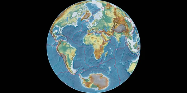 Světová Mapa Azimutální Projekci Jamese Soustřeďuje Východní Délky Topografická Reliéfní — Stock fotografie