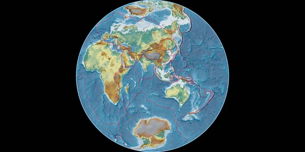 James Azimuthal投影中的世界地图以东经90度为中心 地形图 具有满意边界和构造板块边界的栅格组合 3D插图 — 图库照片