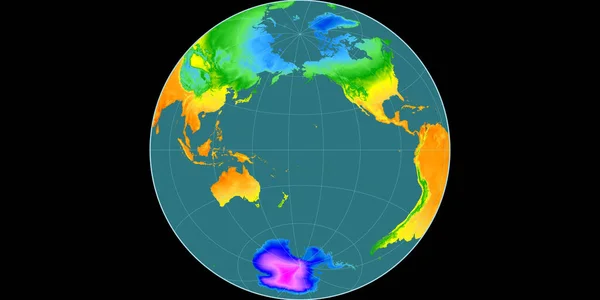 World map in the James Azimuthal projection centered on 170 West longitude. Mean annual temperature map - raw composite of raster with graticule. 3D illustration