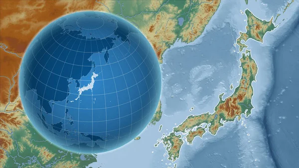 Japan. Globe with the shape of the country against zoomed map with its outline. topographic relief map