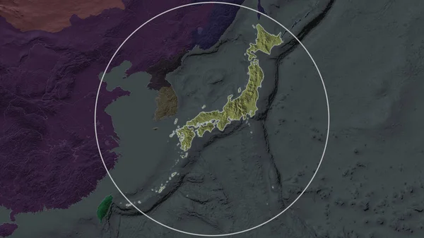 Enlarged area of Japan surrounded by a circle on the background of its neighborhood. Color map of the administrative division