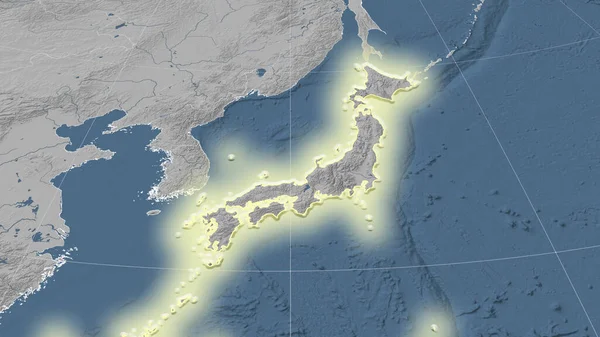 Japan Und Seine Nachbarschaft Distanzierte Schrägperspektive Form Glühte Graustufen Höhenkarte — Stockfoto