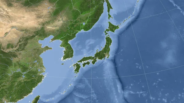 日本及其邻国 距离偏斜的视角 没有轮廓 卫星图像 — 图库照片