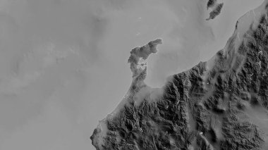 Ishikawa, Japonya ili. Gölleri ve nehirleri olan gri tonlu bir harita. Ülke alanına göre şekillendirilmiş. 3B görüntüleme