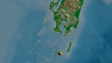 Kagoshima, Japonya ili. Gölleri ve nehirleri olan renkli gölge verileri. Ülke alanına göre şekillendirilmiş. 3B görüntüleme