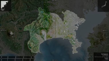Kanagawa, Japonya ili. Uydu görüntüleri. Ülke alanına karşı bilgilendirici örtülerle sunulan şekil. 3B görüntüleme