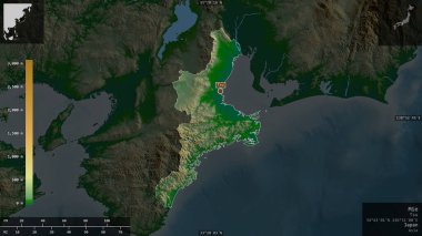 Mie, Japonya Valiliği. Gölleri ve nehirleri olan renkli gölge verileri. Ülke alanına karşı bilgilendirici örtülerle sunulan şekil. 3B görüntüleme