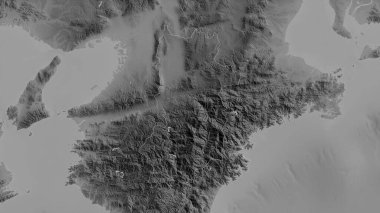 Nara, Japonya Eyaleti. Gölleri ve nehirleri olan gri tonlu bir harita. Ülke alanına göre şekillendirilmiş. 3B görüntüleme