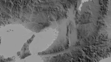 Osaka, Japonya şehir merkezi. Gölleri ve nehirleri olan gri tonlu bir harita. Ülke alanına göre şekillendirilmiş. 3B görüntüleme