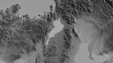 Shiga, Japonya Eyaleti. Gölleri ve nehirleri olan gri tonlu bir harita. Ülke alanına göre şekillendirilmiş. 3B görüntüleme