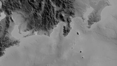 Shizuoka, Japonya vilayeti. Gölleri ve nehirleri olan gri tonlu bir harita. Ülke alanına göre şekillendirilmiş. 3B görüntüleme