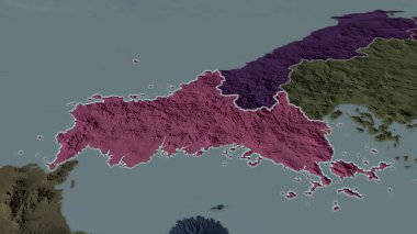 Yamaguchi - Japonya 'nın başkenti yakınlaştırıldı ve vurgulandı. İdari bölümün renkli ve çarpık haritası. 3B görüntüleme