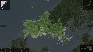 Yamaguchi, Japonya Belediyesi. Uydu görüntüleri. Ülke alanına karşı bilgilendirici örtülerle sunulan şekil. 3B görüntüleme