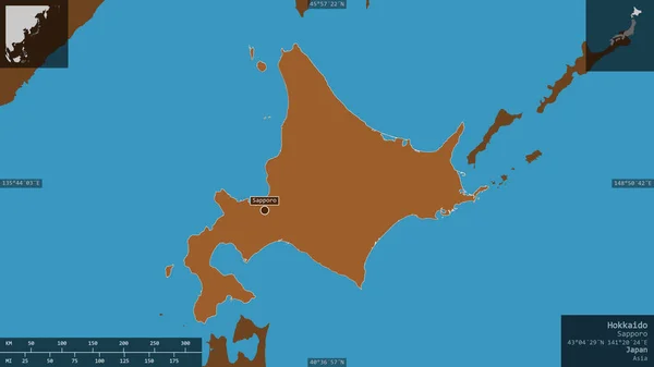 Hokkaido, circuit of Japan. Patterned solids with lakes and rivers. Shape presented against its country area with informative overlays. 3D rendering