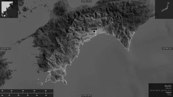 Kochi Präfektur Von Japan Graustufige Karte Mit Seen Und Flüssen — Stockfoto