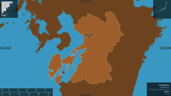 Kumamoto, prefecture of Japan. Patterned solids with lakes and rivers. Shape presented against its country area with informative overlays. 3D rendering