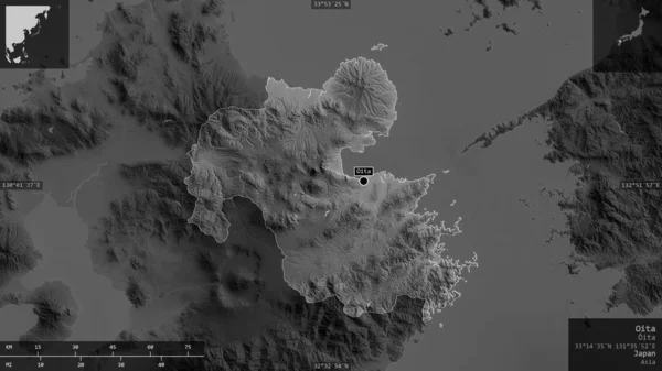 Oita Japán Prefektúrája Szürkeárnyas Térkép Tavakkal Folyókkal Alakzat Tájékoztató Jellegű — Stock Fotó