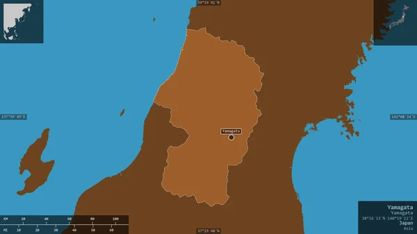 Yamagata, prefecture of Japan. Patterned solids with lakes and rivers. Shape presented against its country area with informative overlays. 3D rendering