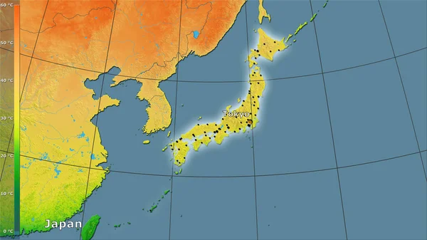 凡例付きの立体投影における日本エリア内の平均年間温度変化 主な組成 — ストック写真