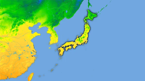 立体投影の年間温度マップ上の日本エリア 暗い輝線アウトラインを持つラスター層の生の組成 — ストック写真