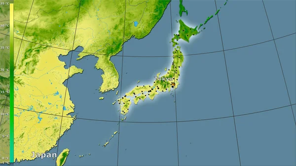 Temperatura Máxima Mês Mais Quente Dentro Área Japão Projeção Estereográfica — Fotografia de Stock