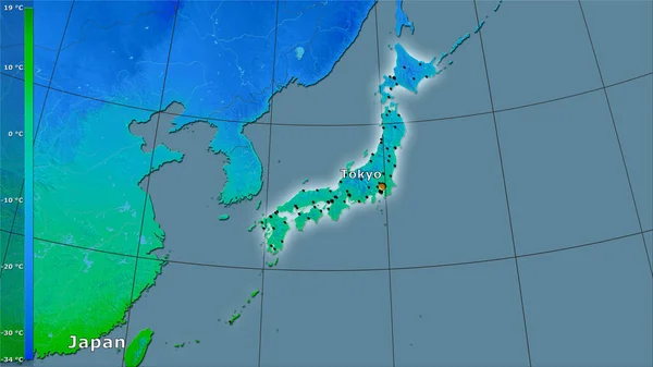 Température Minimale Mois Froid Dans Zone Japon Dans Projection Stéréographique — Photo