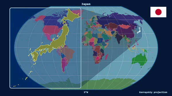 Увеличенный Виду Японии Очертания Перспективными Линиями Против Глобальной Карты Каврайском — стоковое фото