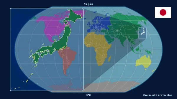 日本のアウトラインを視野に入れ 世界地図に対する視点線で拡大したもの 左側の形 大陸のカラーマップ — ストック写真