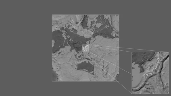 フレームの角を結ぶ線で世界の大規模な地図から抽出された日本の拡大拡大領域 標高マップ — ストック写真