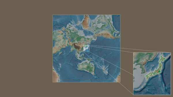 从世界大比例尺地图中提取出的日本扩大和扩大的区域 其引线连接了框架的各个角落 彩色物理图 — 图库照片
