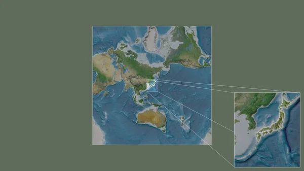 フレームの角を結ぶ線で世界の大規模な地図から抽出された日本の拡大拡大領域 衛星画像 — ストック写真