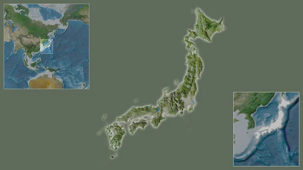 日本のクローズアップと地域と大規模な世界地図の中心部に位置しています 衛星画像 — ストック写真