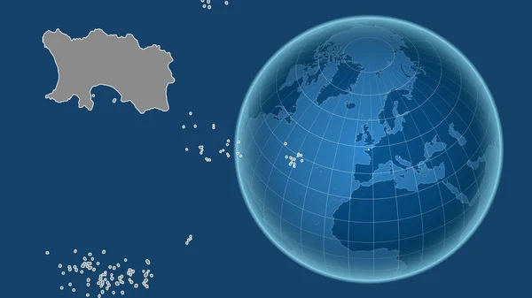 Джерсі Глобус Формі Країни Проти Збільшеної Карти Контуром Ізольованим Синьому — стокове фото