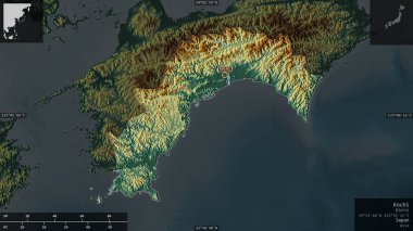 Kochi, Japonya Belediyesi. Göller ve nehirlerle renkli rahatlama. Ülke alanına karşı bilgilendirici örtülerle sunulan şekil. 3B görüntüleme