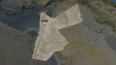 Ürdün 'ün sermaye noktasının vurgulandığı ve çevresinin dedoymamış haritasında etiketlendiği bölge. Uydu görüntüleri