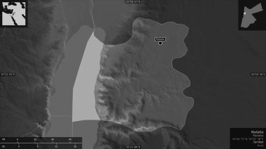 Madaba, Ürdün vilayeti. Gölleri ve nehirleri olan gri tonlu bir harita. Ülke alanına karşı bilgilendirici örtülerle sunulan şekil. 3B görüntüleme