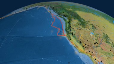 Juan De Fuca 'nın tektonik plakası dünyaya çizilmiş. topografik harita. 3B görüntüleme