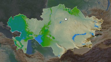 Mahallesinin doyumsuz haritasında sermaye noktası olan Kazakistan 'ın vurgulanmış bölgesi. Renk fiziksel haritası