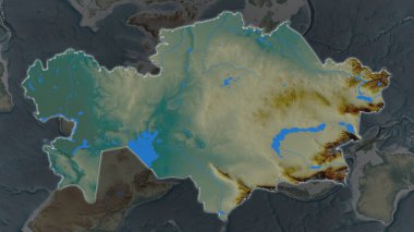 Kazakhstan area enlarged and glowed on a darkened background of its surroundings. Relief map clipart