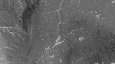 Qostanay, Kazakistan bölgesi. Gölleri ve nehirleri olan gri tonlu bir harita. Ülke alanına göre şekillendirilmiş. 3B görüntüleme