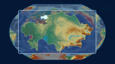Kavrayskiy projeksiyonundaki küresel bir haritaya karşı perspektif çizgileriyle Kazakistan 'a yakınlaştırılmış görünüm. Şekil merkezli. topografik yardım haritası