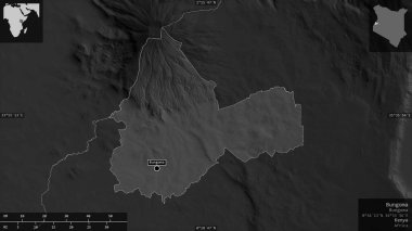 Bungoma, Kenya ilçesi. Gölleri ve nehirleri olan gri tonlu bir harita. Ülke alanına karşı bilgilendirici örtülerle sunulan şekil. 3B görüntüleme