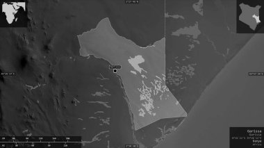 Garissa, Kenya ilçesi. Gölleri ve nehirleri olan gri tonlu bir harita. Ülke alanına karşı bilgilendirici örtülerle sunulan şekil. 3B görüntüleme